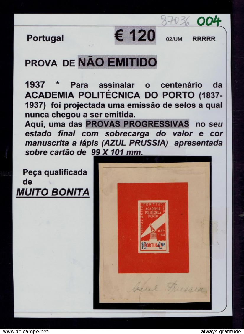 87036 PORTUGAL (NOT ISSUE) = Proof èpreuve RARE - Essais, épreuves & Réimpressions