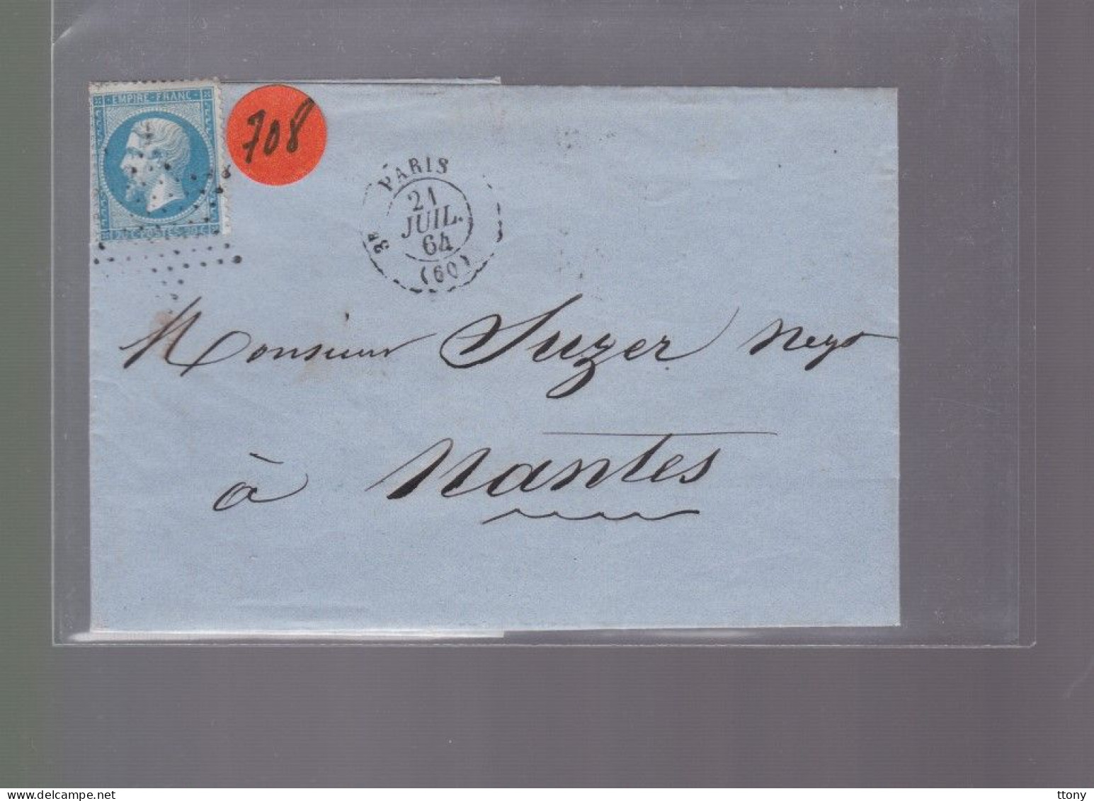 1   Timbre   N° 22  Napoléon III   20 C  Bleu    Lettre     1864    Destination   Nantes - 1863-1870 Napoléon III Lauré