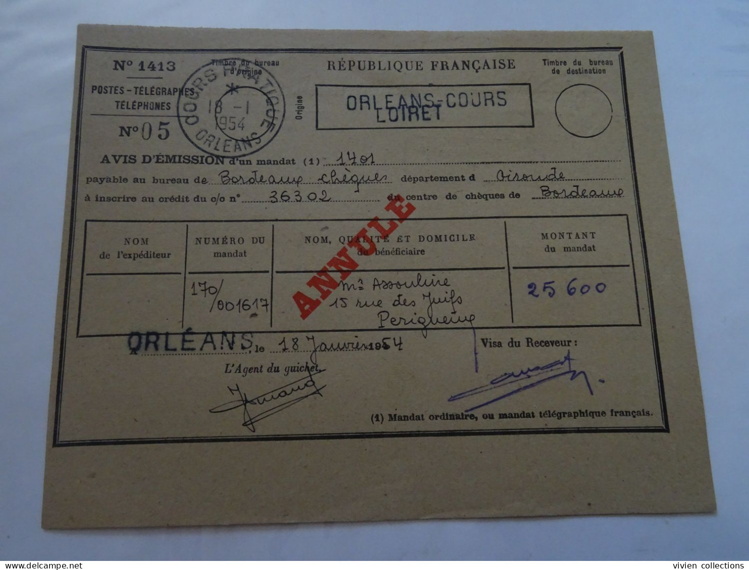 France Cours D'instruction Mandat Télégraphique Chargé Annulé 1954 Bordeaux Chèques / Périgueux - Cours Pratique Orléans - Cours D'Instruction