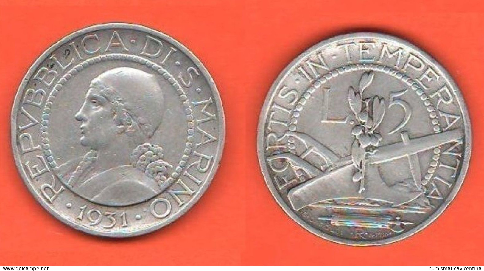 San Marino 5 Lire 1931 Saint Marin  ∇9 Old Coinage Silver Coin - Saint-Marin
