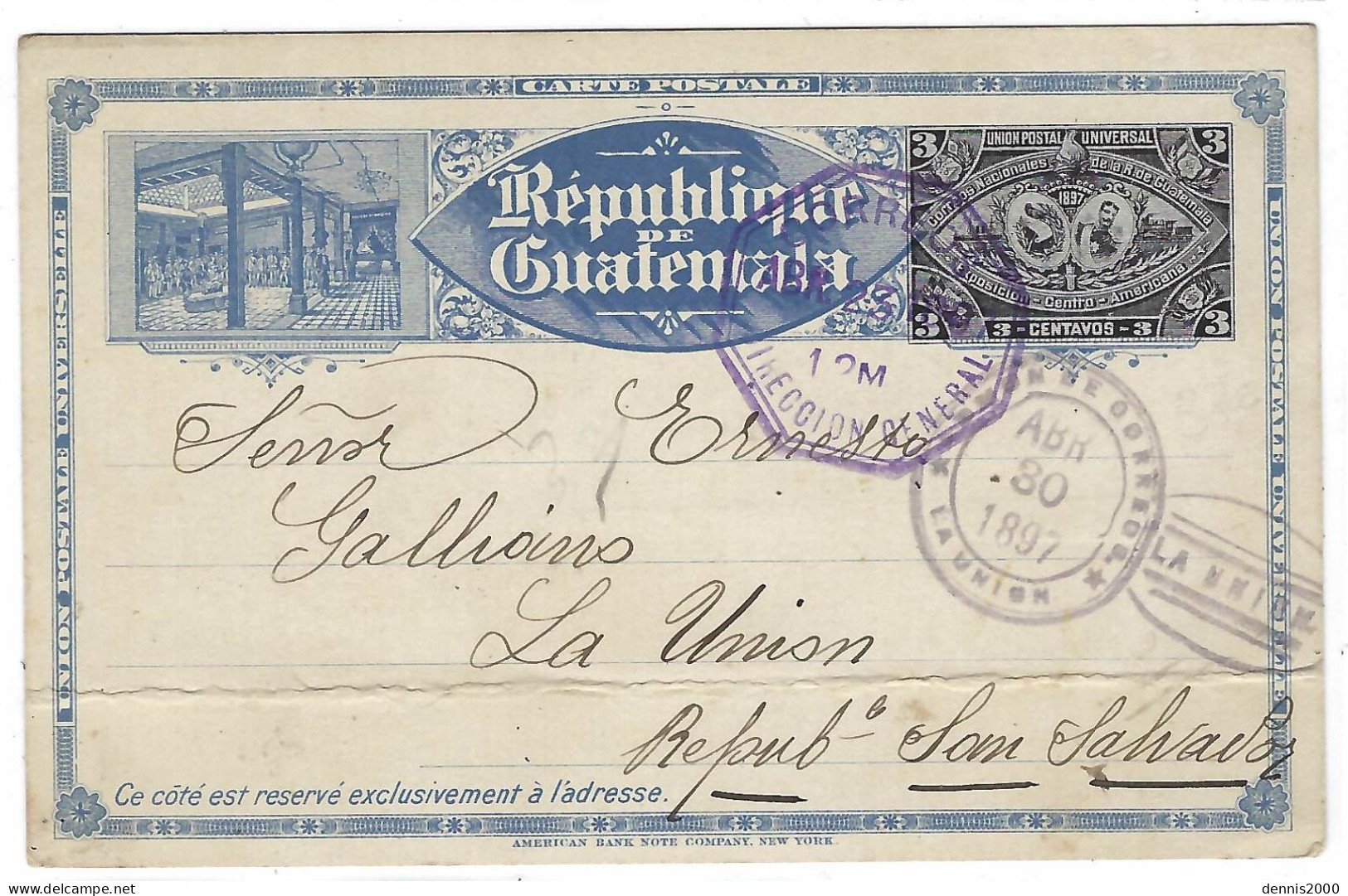 GUATEMALA - 1897- E P 3 Centavos De Guatemala - City Expédié à  LA UNION Au Salvador - Guatemala
