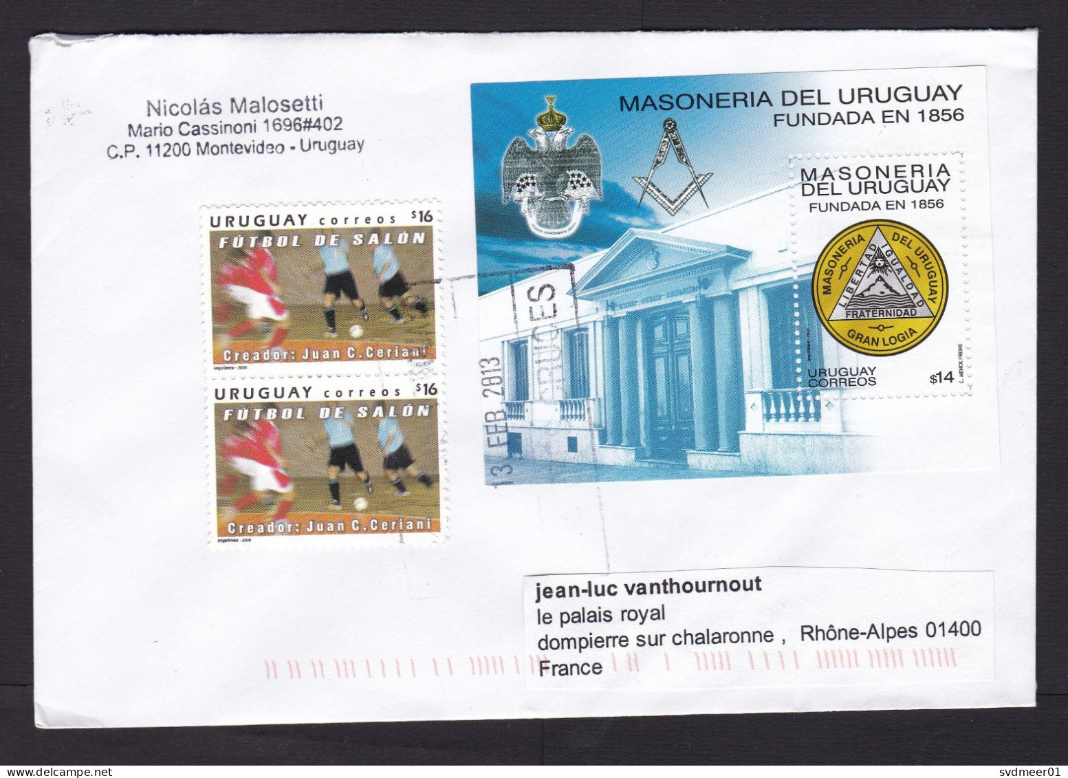 Uruguay: Cover To France, 2013, 3 Stamps, Souvenir Sheet, Freemasonry, Soccer, Football, Rare Real Use (traces Of Use) - Uruguay