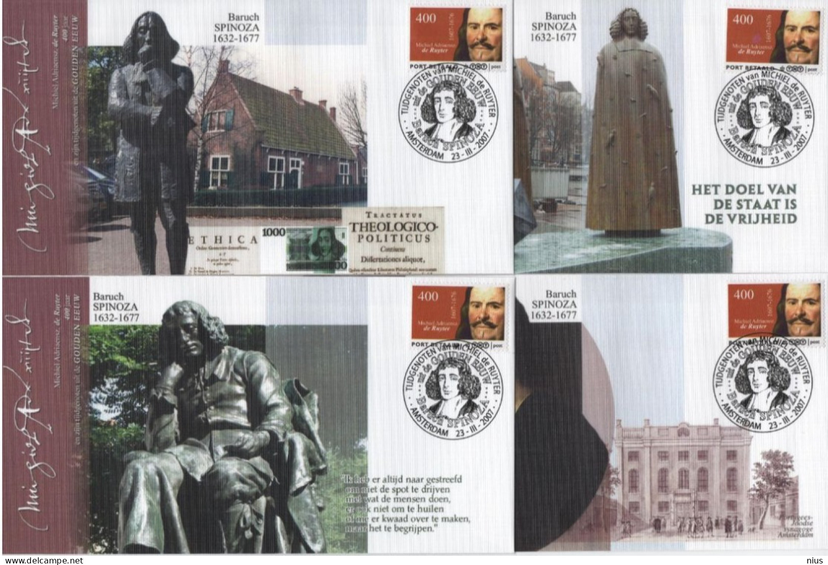 Nederland Netherlands 2007 FDC X4 Port Betaald, Baruch Spinoza, Philosopher, Michiel Adriaensz De Ruyter, Amsterdam - FDC