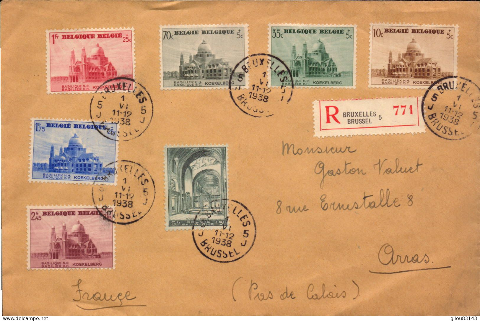 Lettre Recommander De Belgique, Bruxelles, Serie Stamps Koekelberg Pour Arras Pas De Calais  1938 - Autres & Non Classés