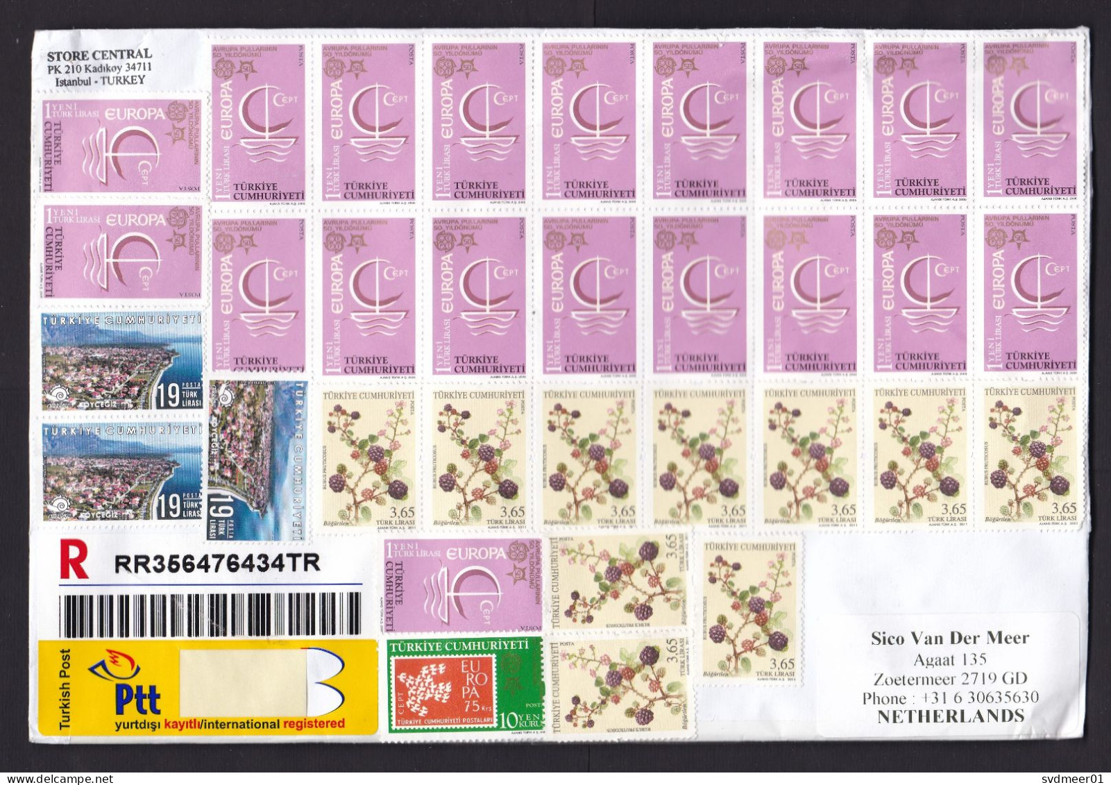 Turkey: Registered Cover To Netherlands, 33 Stamps, Inflation, CEPT, Berry, CN22 Customs Label, No Cancel (minor Damage) - Brieven En Documenten