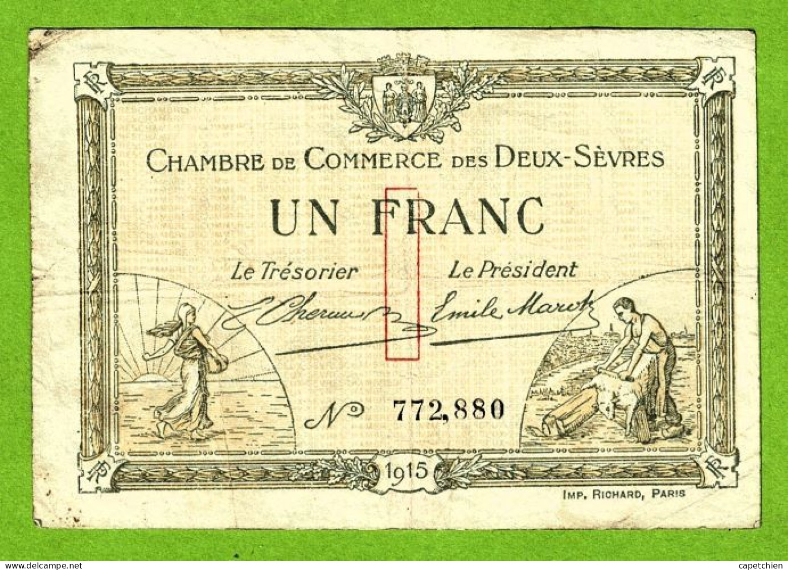FRANCE/ CHAMBRE DE COMMERCE Des DEUX SÈVRES / 1 FRANC / 30 Septembre 1915 / 772?880 - Handelskammer