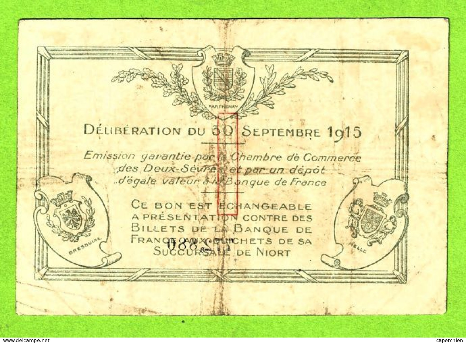 FRANCE/ CHAMBRE DE COMMERCE Des DEUX SÈVRES / 1 FRANC / 30 Septembre 1915 / 772?880 - Cámara De Comercio