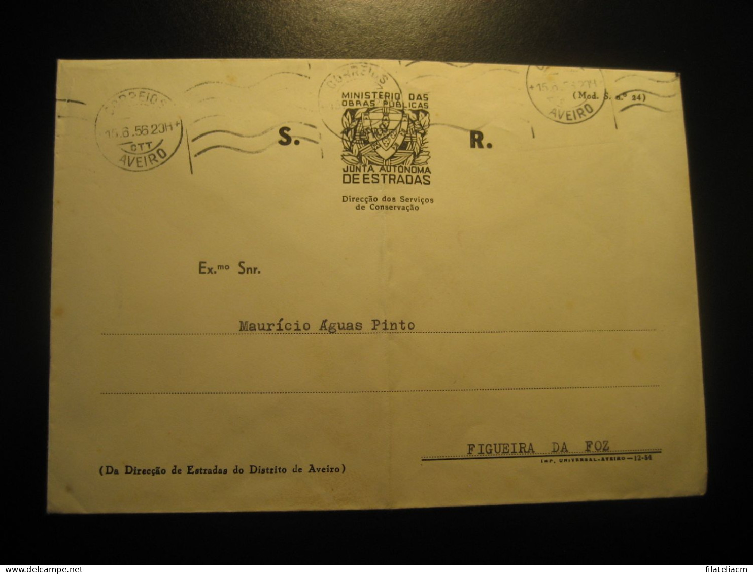 LISBOA 1956 To Figueira Da Foz Cancel Ministerio Das Obras Publicas Estradas Road Highway Postage Paid Cover PORTUGAL - Cartas & Documentos