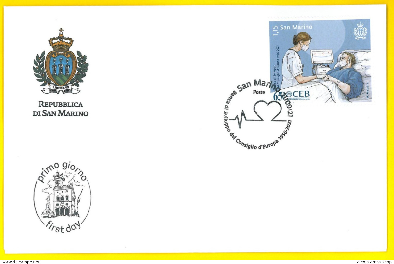 SAN MARINO 2021 FDC 65° Ann. Banca Sviluppo Consiglio D'Europa First Day Cover - FDC