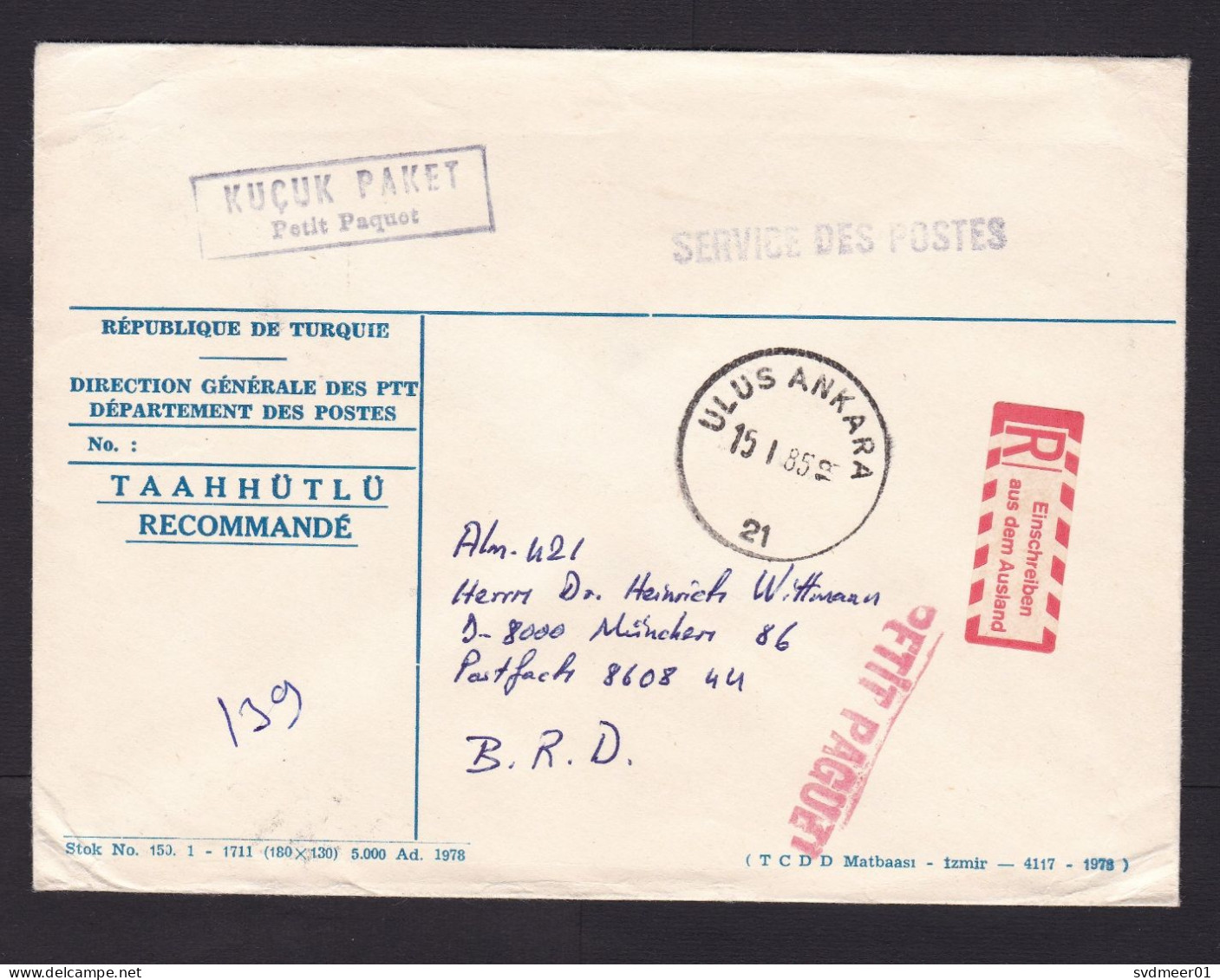 Turkey: Postal Service Cover To Germany, 1985, German R-label, C1 Customs Declaration At Back (minor Damage) - Brieven En Documenten