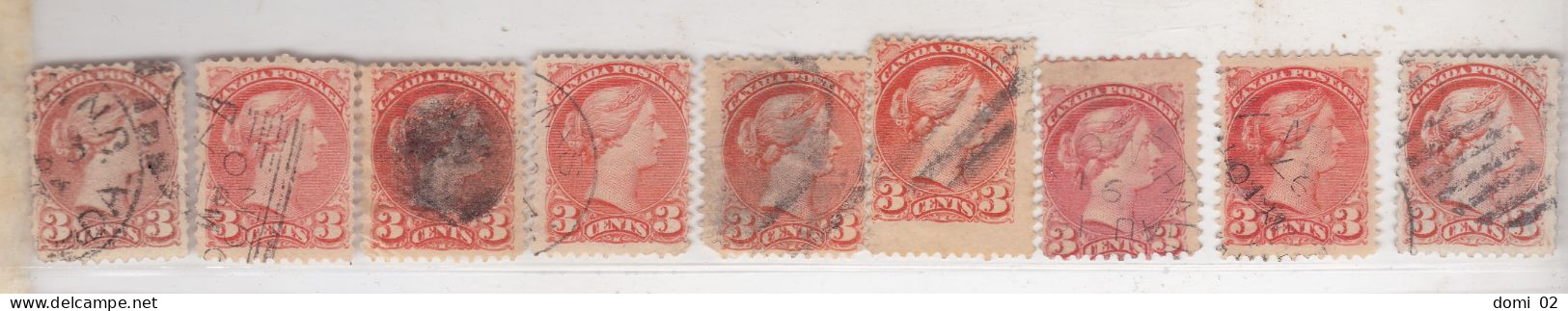 Reine Victoria 3c Orange Y&T 30 Lot De 9 Timbres Pour Teintes Formats Ou Oblitérations - Used Stamps