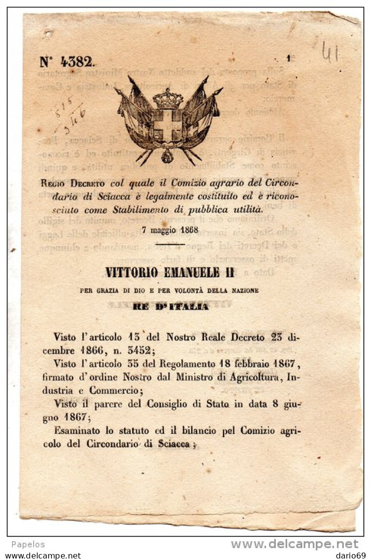 1868  DECRETO COMIZIO AGRARIO DI SCIACCA - Decrees & Laws