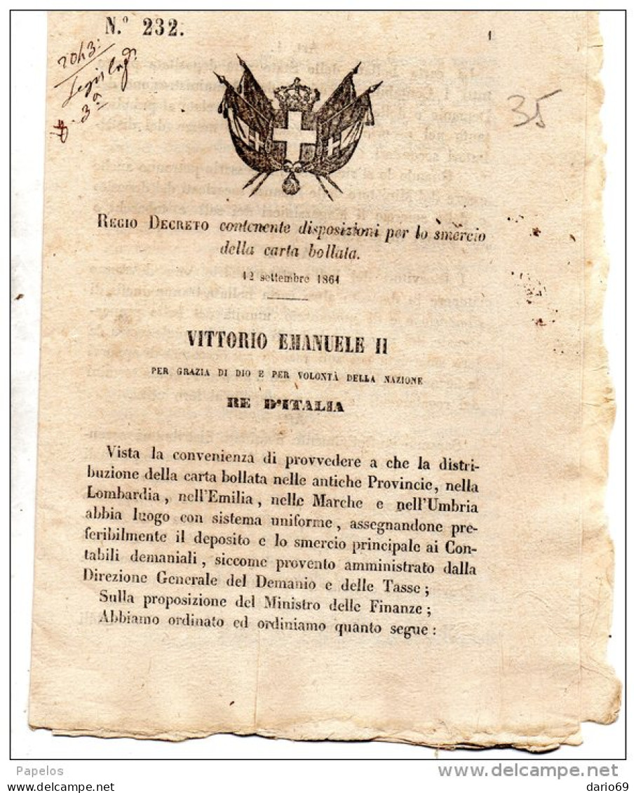 1864  DECRETO CONTENENTE DISPOSIZIONI PER LO SMERCIO DELLA CARTA DA BOLLO - Decretos & Leyes