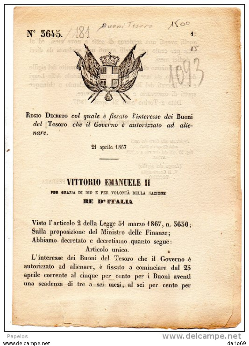 1867 DECRETO  COL QUALE E' FISSATO L'INTERESSE DEI BUONI DEL TESORO - Decrees & Laws