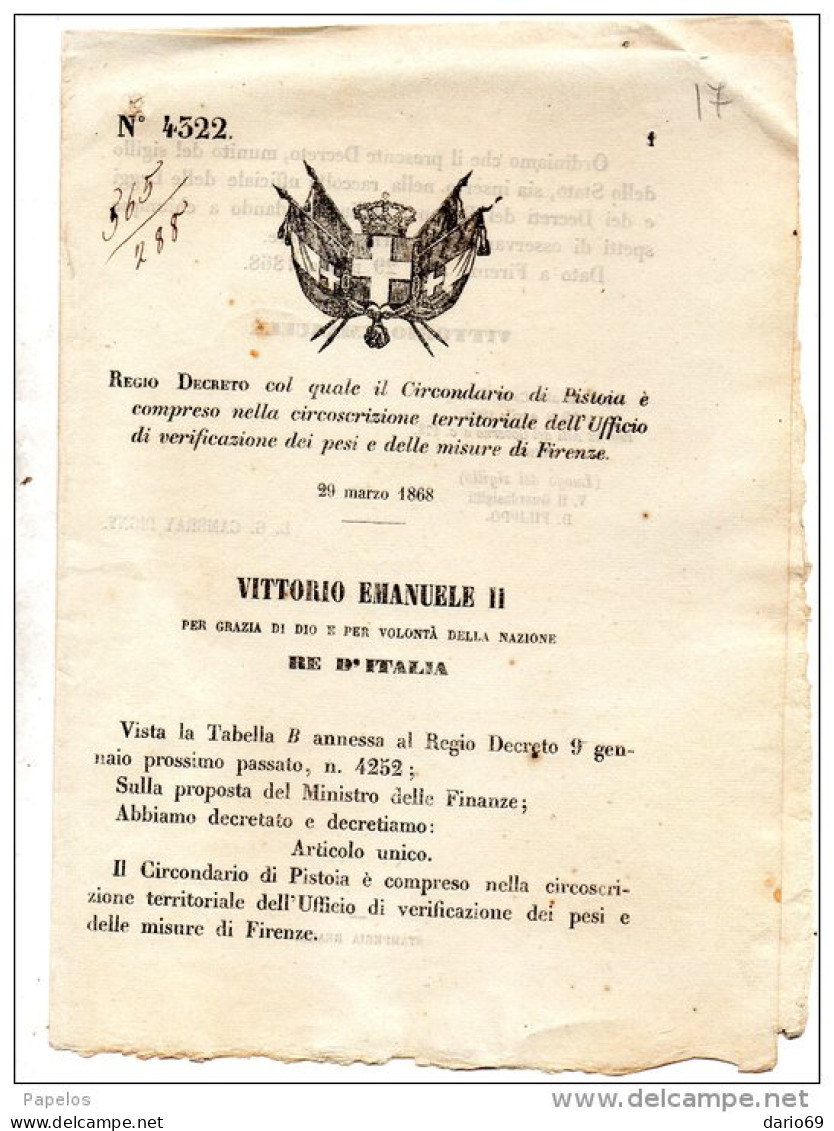 1868 DECRETO  PISTOIA - Decreti & Leggi