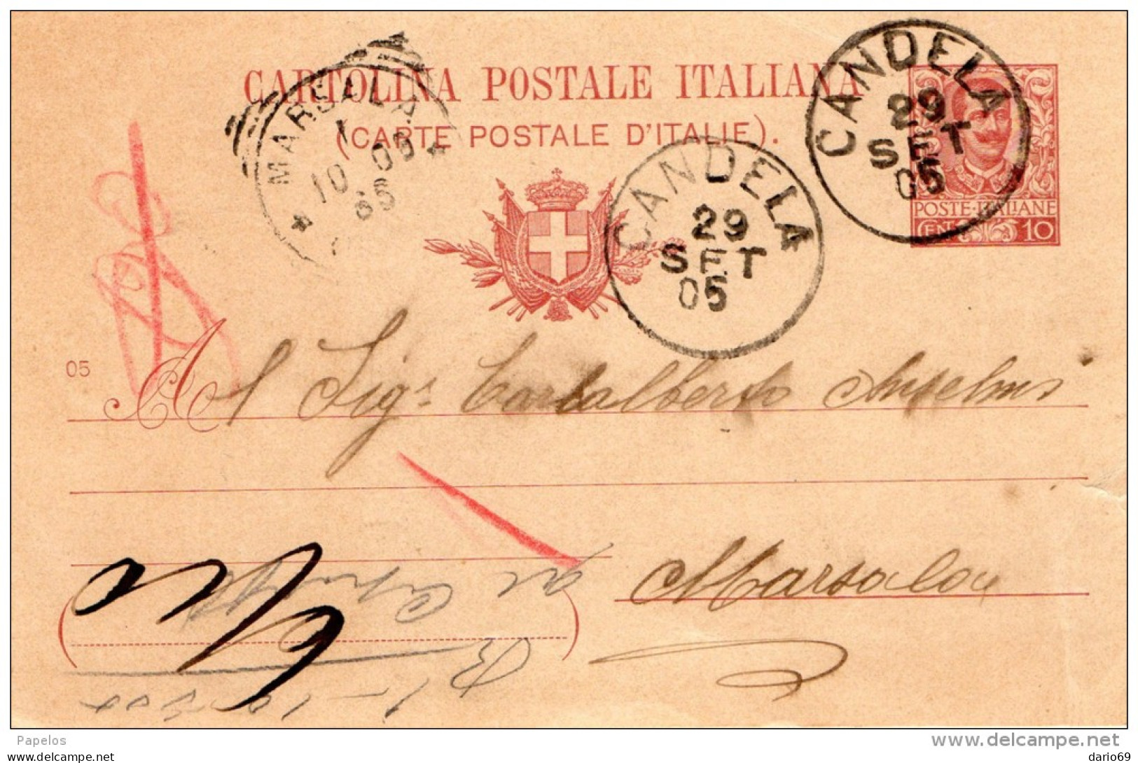 1905  CARTOLINA   CON ANNULLO CANDELA - Stamped Stationery
