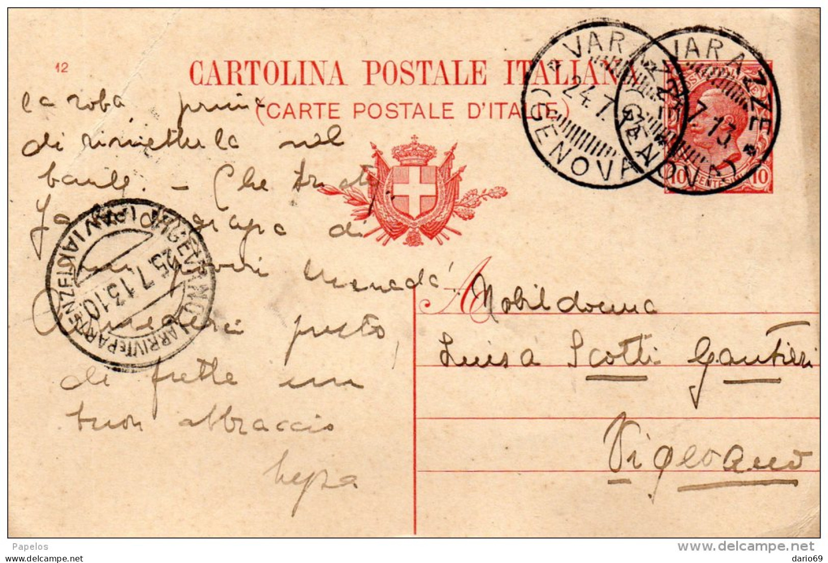 1913  CARTOLINA   CON ANNULLO VARAZZE GENOVA - Stamped Stationery