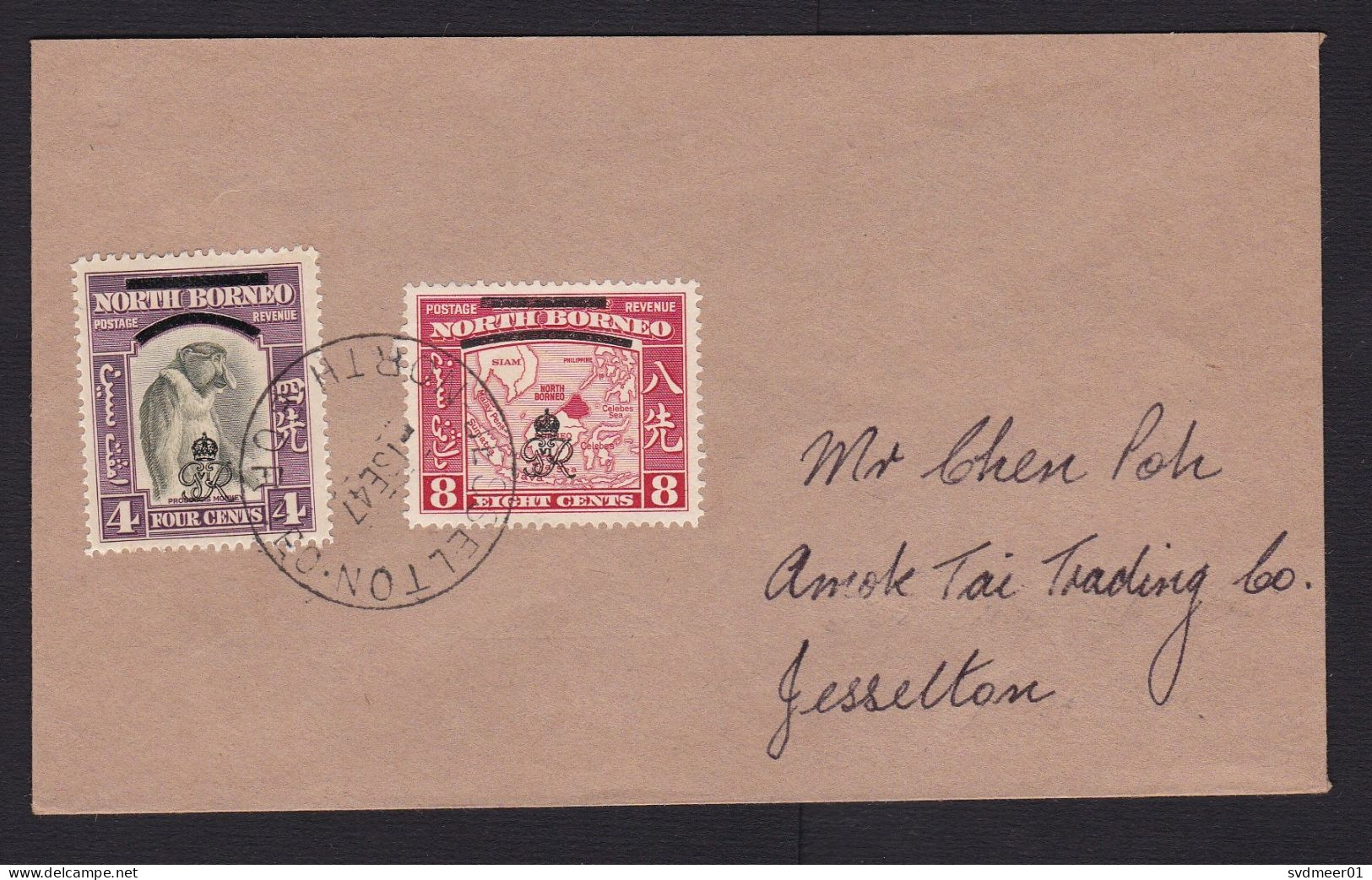 North Borneo: Cover, 1947, 2 Stamps, Overprint, Monkey, Map (minor Damage, Maybe Falsification?, See Scan) - Noord Borneo (...-1963)