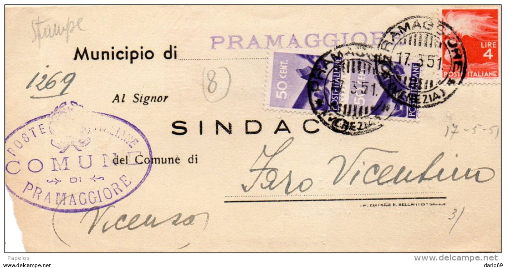 1951  LETTERA CON ANNULLO  PRAMAGGIORE VENEZIA - 1946-60: Storia Postale