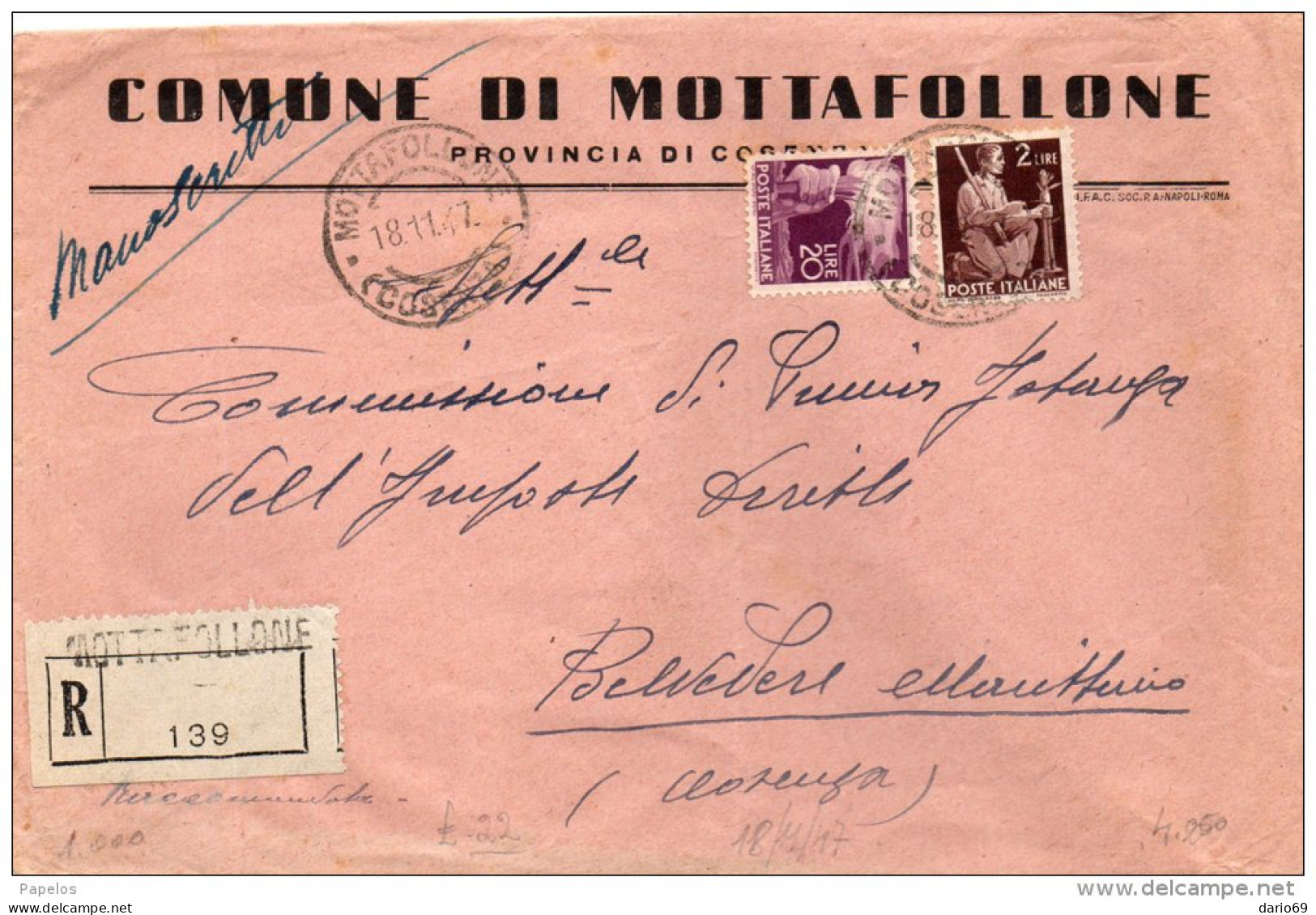 1947  LETTERA  RACCOMANDATA   CON ANNULLO MOTTAFOLLONE COSENZA - 1946-60: Storia Postale