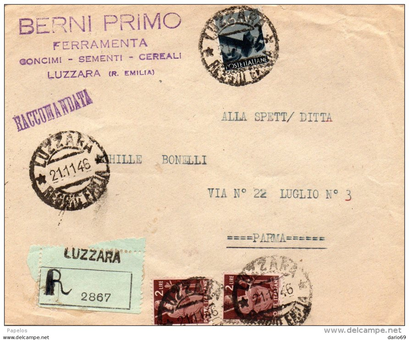 1946  LETTERA  RACCOMANDATA   CON ANNULLO LUZZARA REGGIO EMILIA - 1946-60: Storia Postale