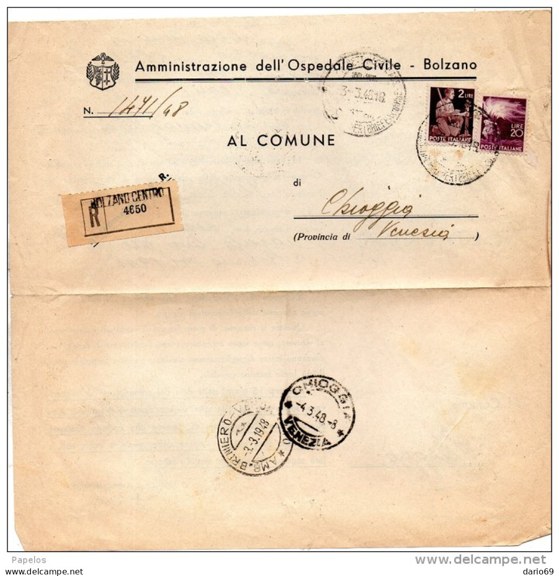 1948  LETTERA  RACCOMANDATA   CON ANNULLO BOLZANO + AMB. BRENNERO - 1946-60: Storia Postale