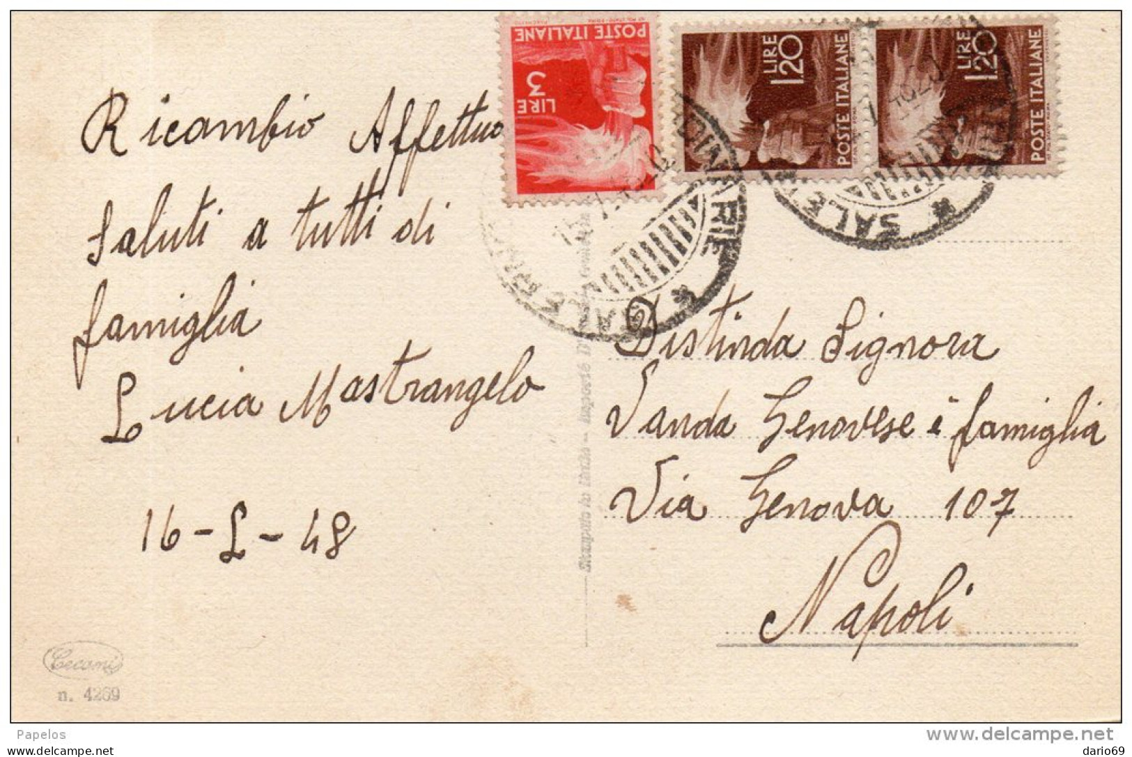 1948 CARTOLINA CON ANNULLO SALERNO - 1946-60: Storia Postale