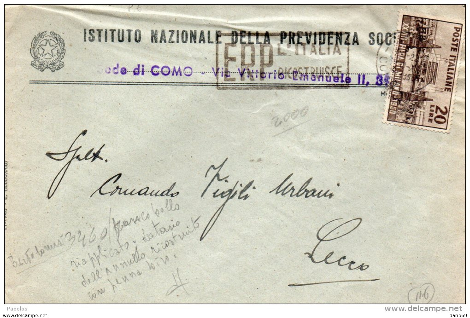 1950 LETTERA  CON ANNULLO COMO + TARGHETTA  ERP  L'ITALIA RICOSTRUISCE - 1946-60: Storia Postale