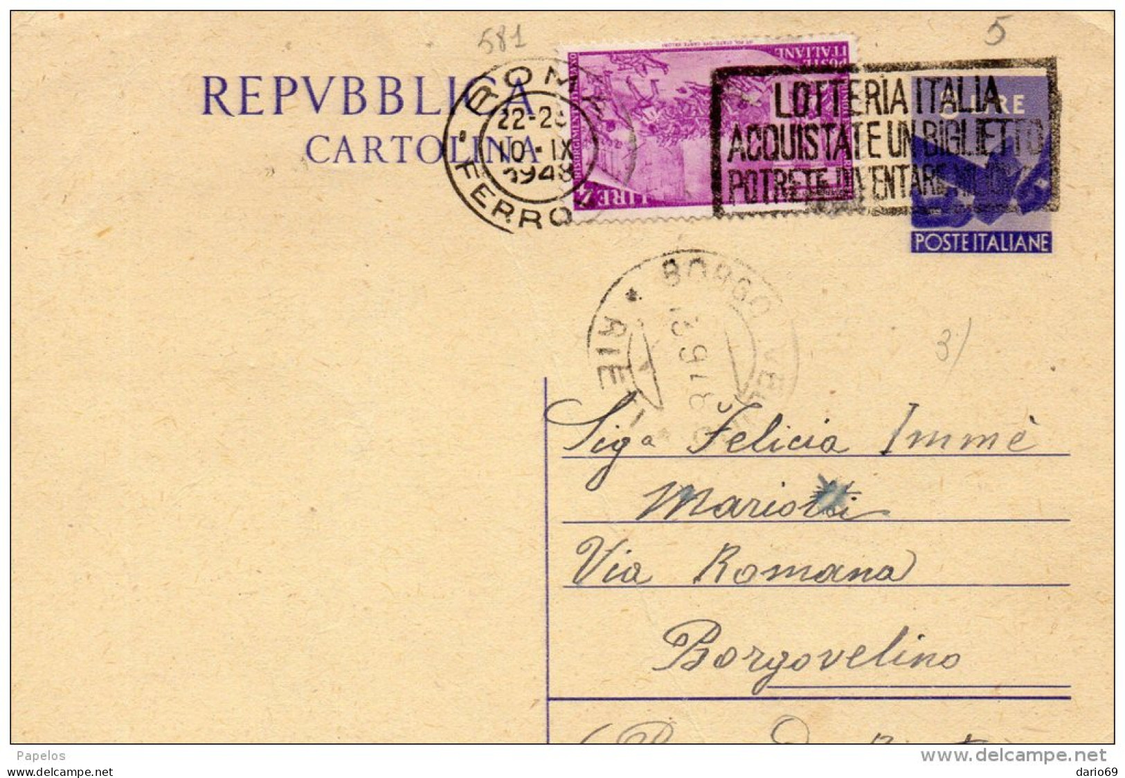 1948 CARTOLINA CON ANNULLO ROMA + TARGHETTA - Stamped Stationery