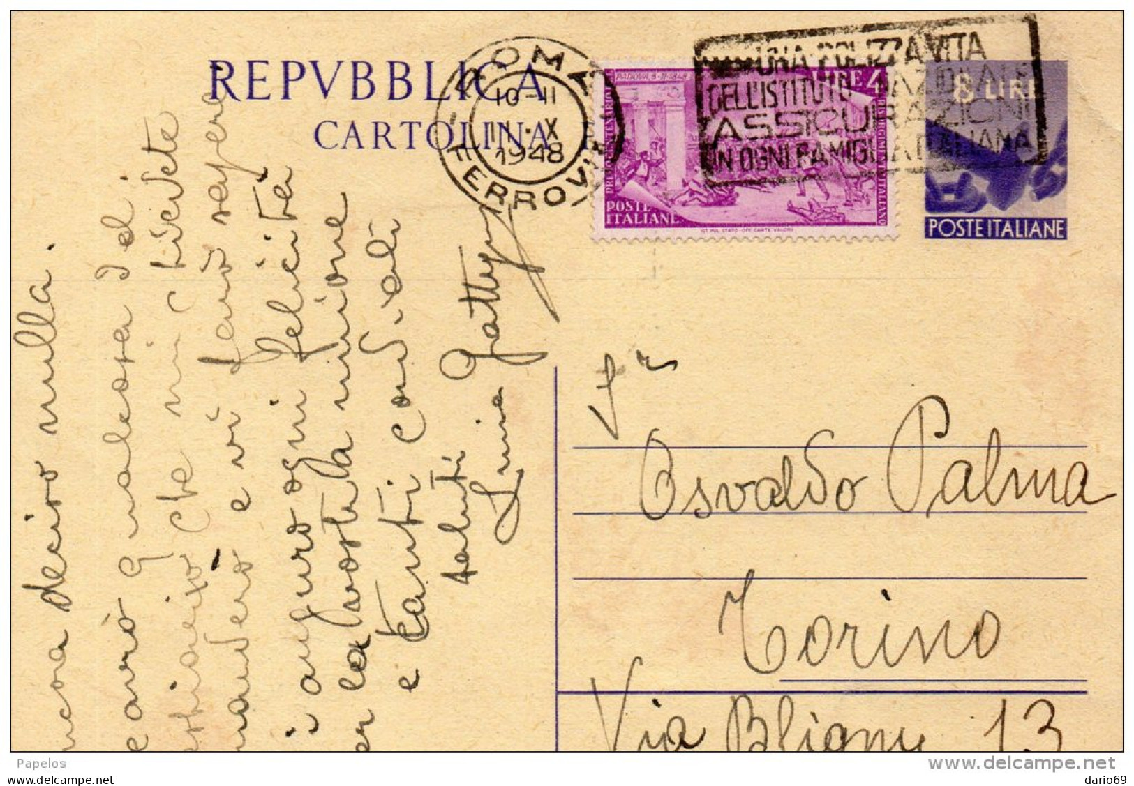 1948 CARTOLINA CON ANNULLO ROMA + TARGHETTA - Interi Postali