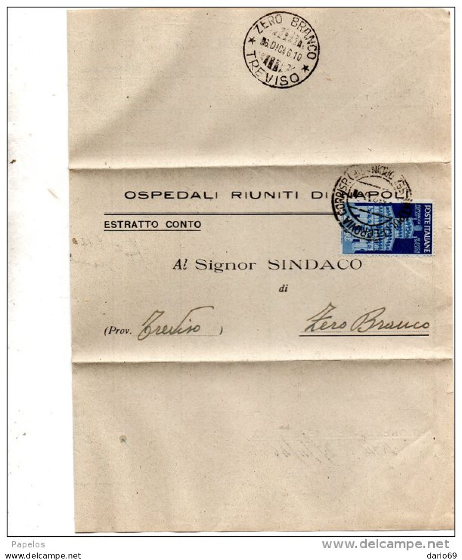 1946 LETTERA INTESTATA CON ANNULLO NAPOLI + ZERO BRANCO TREVISO - 1946-60: Storia Postale