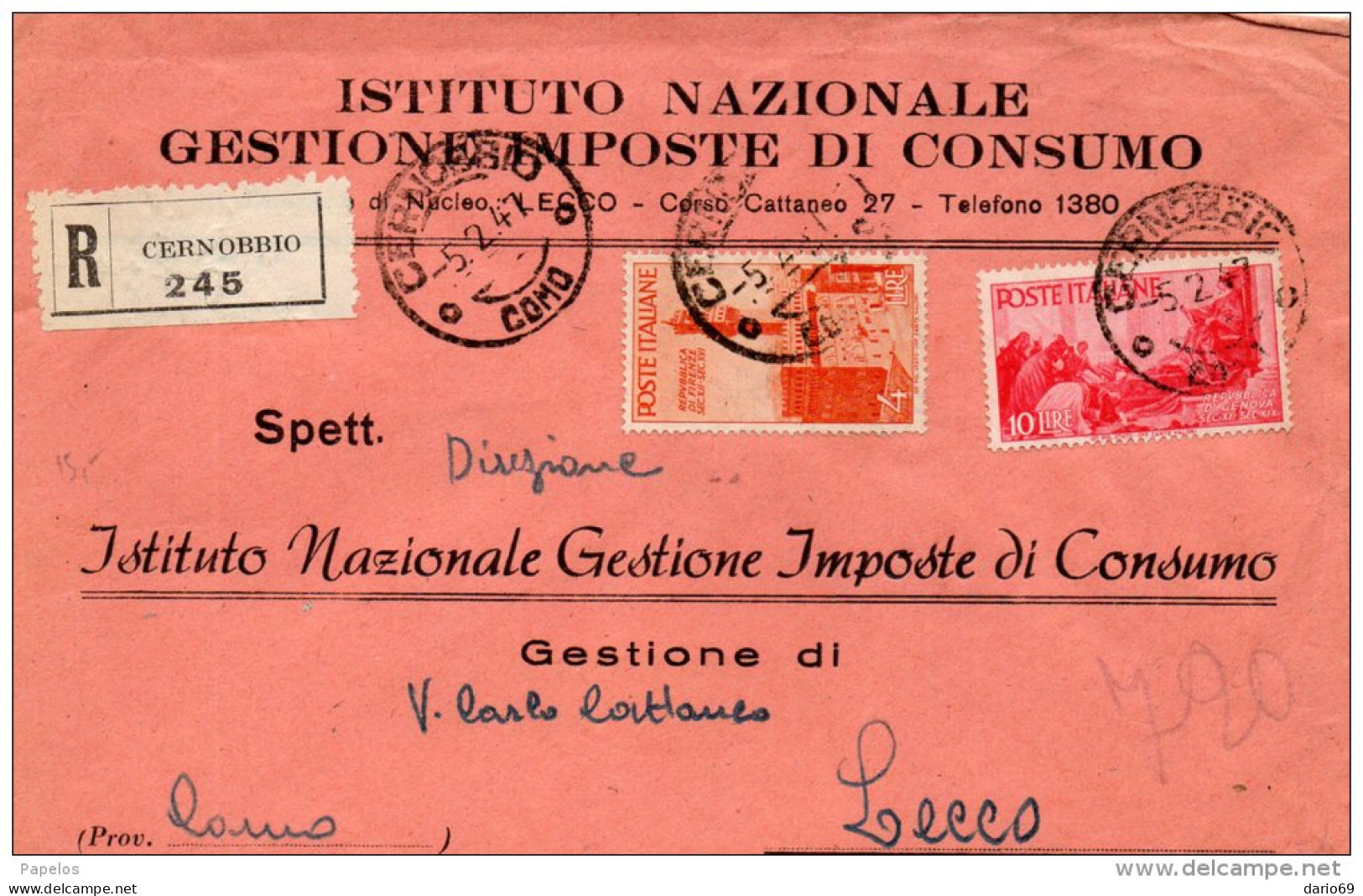 1947  LETTERA  RACCOMANDATA    CON ANNULLO CERNOBBIO COMO - 1946-60: Storia Postale