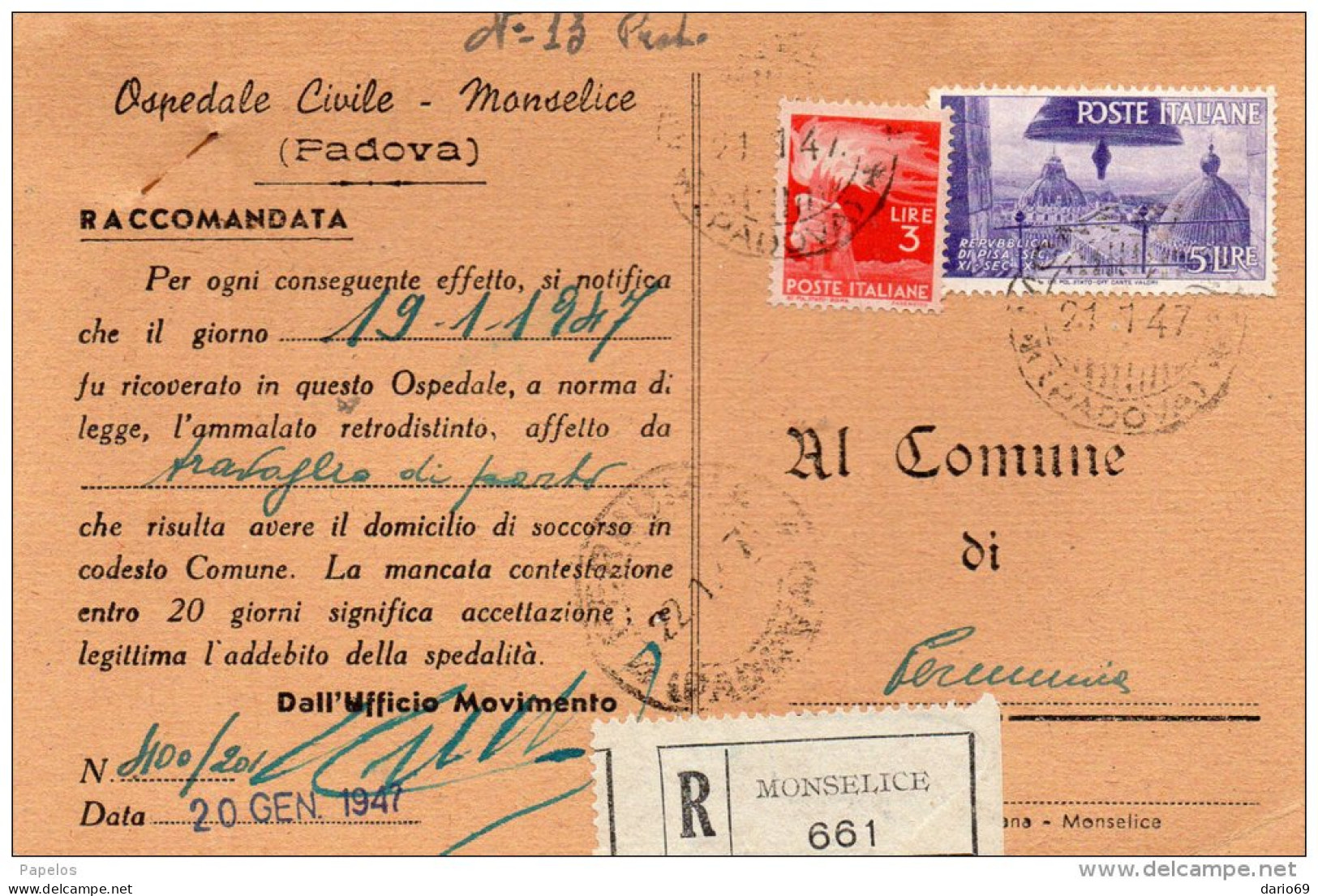 1947 CARTOLINA CON ANNULLO MONSELICE PADOVA - 1946-60: Storia Postale