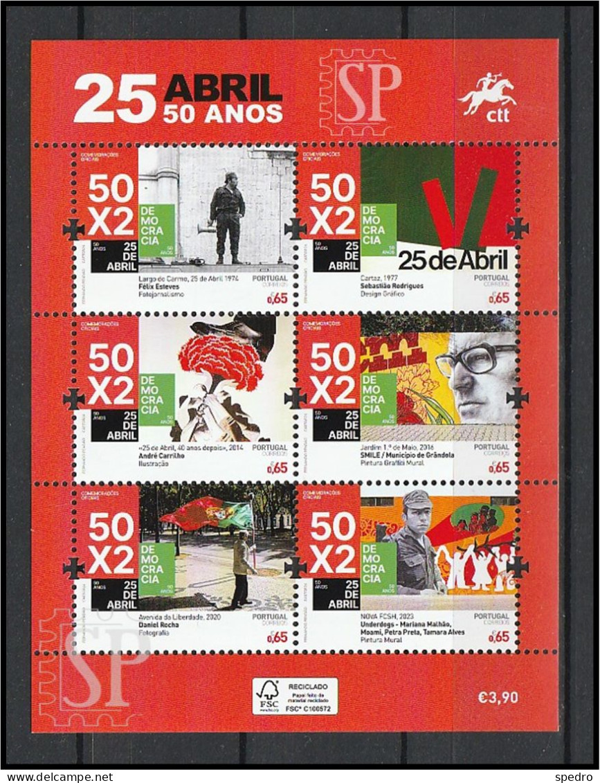 Portugal 2024 50 Anos 25 De Abril Flower Democracy Freedom Liberdade Salgueiro Maia Arte Art Zeca Afonso Lisboa Cravo - Blocks & Sheetlets