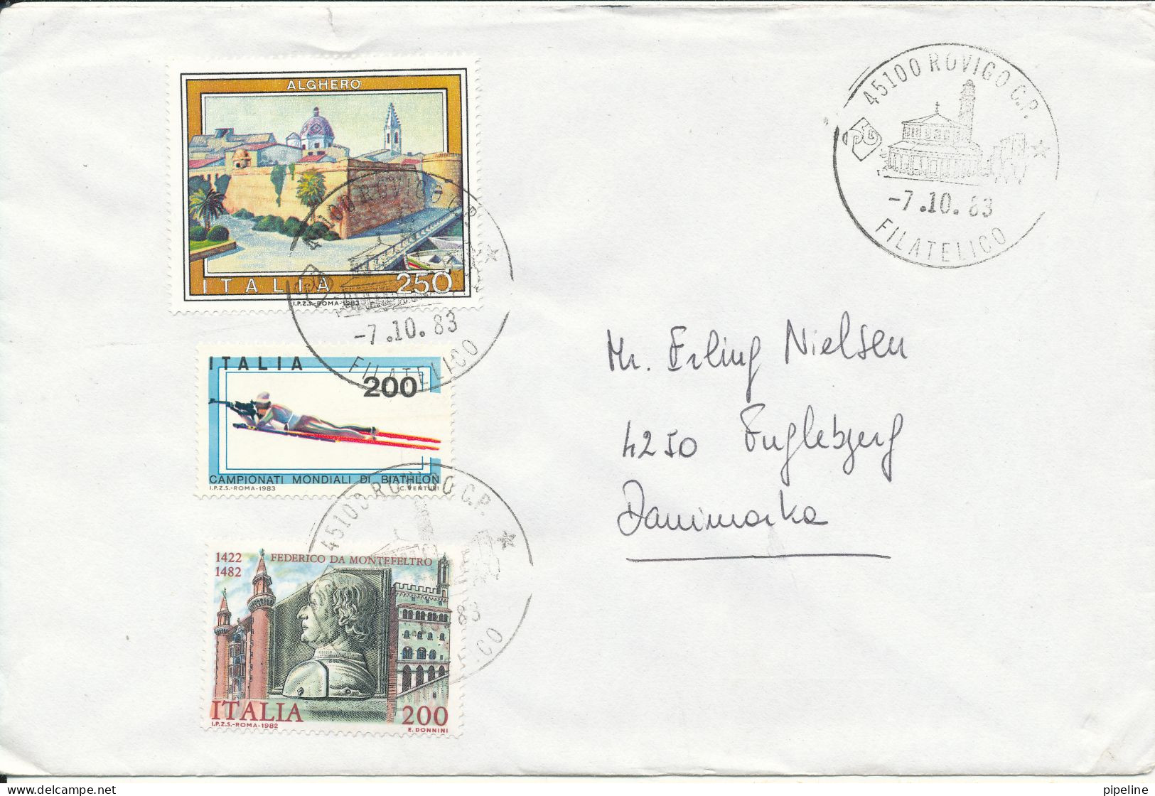 Italy Cover Sent To Denmark Rovigo 7-10-1983 Topic Stamps - 1981-90: Marcophilia