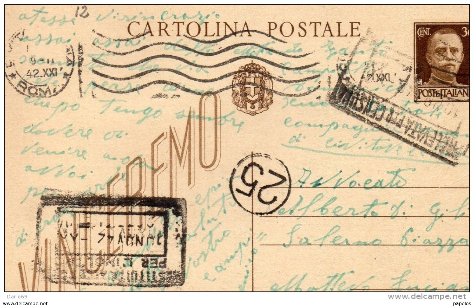 1942 CARTOLINA CON ANNULLO PRELEVATA PER CENSURA - Stamped Stationery