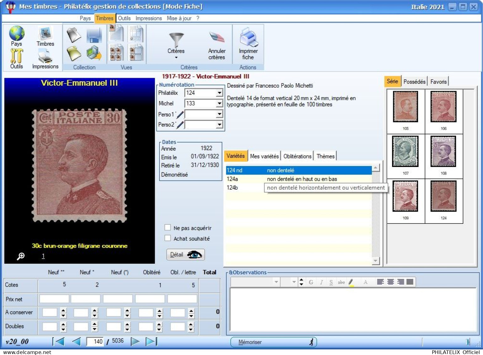 LOGICIEL PHILATELIX Italie 2024 (Gestion De Collections) - French