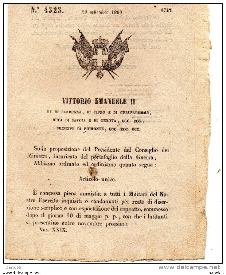 1860 DECRETO COL QUALE E CONCESSA PIENA AMNISTIA A TUTTI I MILITARI - Décrets & Lois