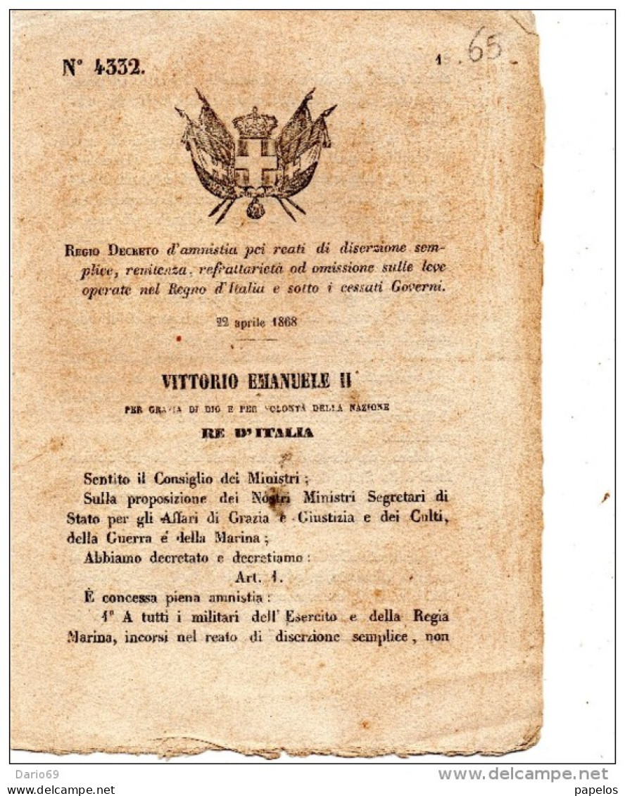 1868 DECRETO L'AMNISTIA PER  REATI DI DISERZIONE - Décrets & Lois