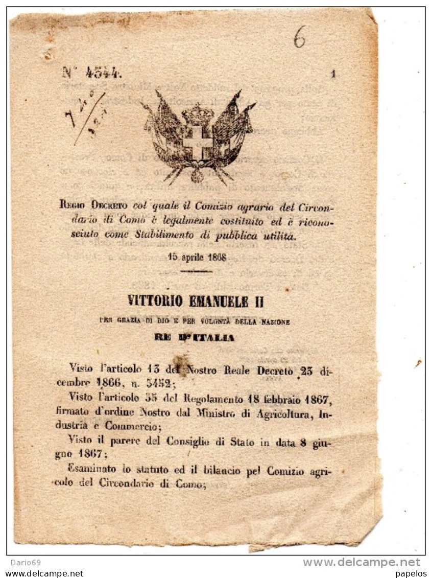 1868 DECRETO COL QUALE IL COMIZIO AGRARIO COMO - Decretos & Leyes