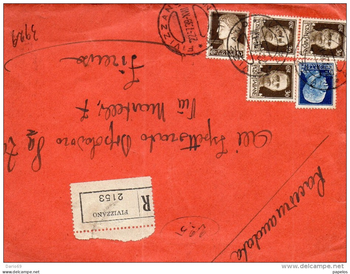 1939  LETTERA RACCOMANDATA CON ANNULLO FIVIZZANO MASSA CARRARA - Storia Postale