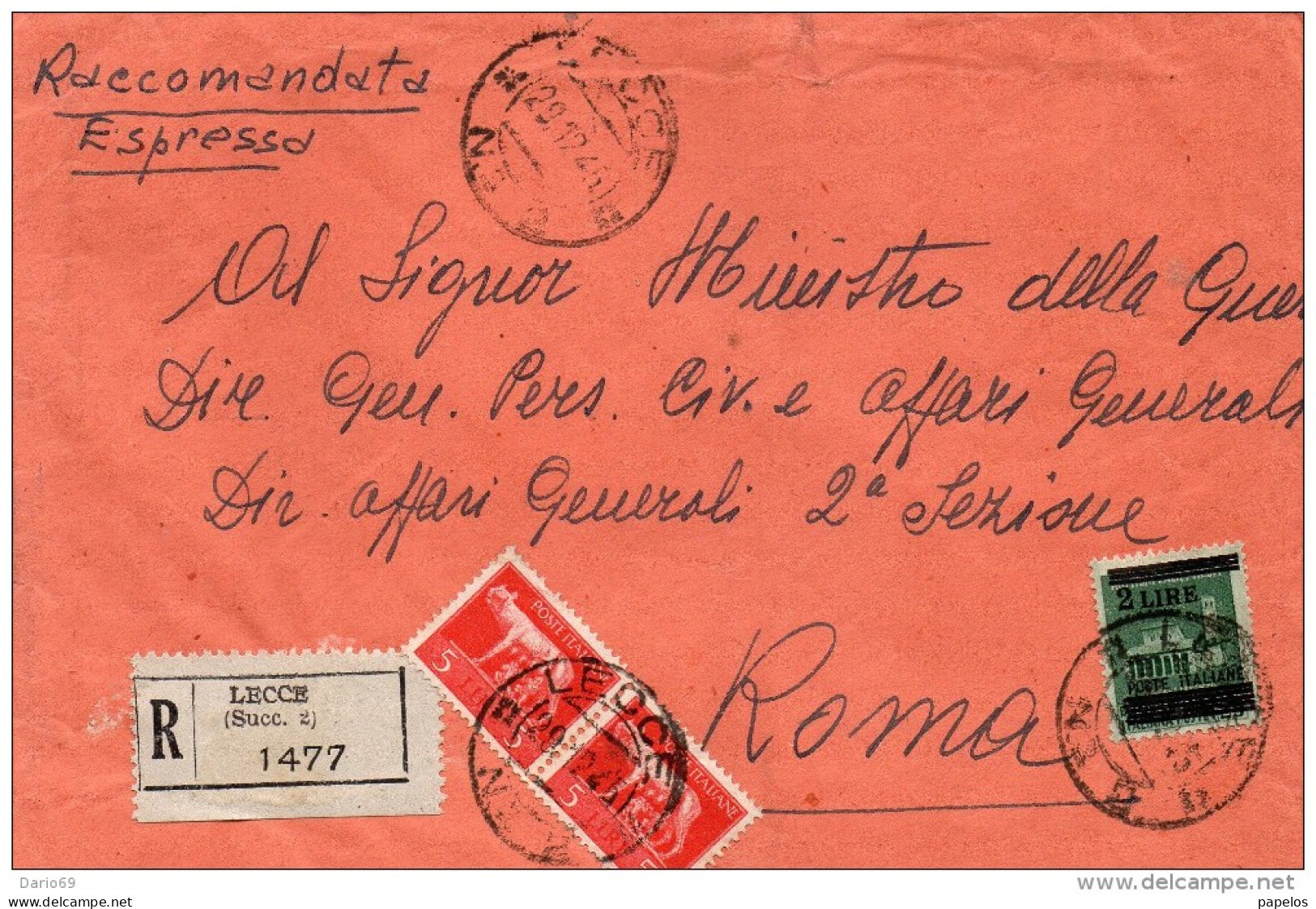 1945  LETTERA RACCOMANDATA  CON ANNULLO LECCE  2 - Marcophilie