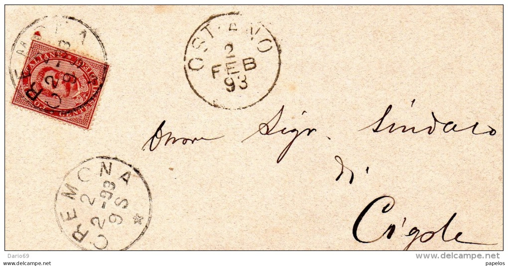 1893    LETTERA CON ANNULLO CREMONA + OSTIANO - Storia Postale