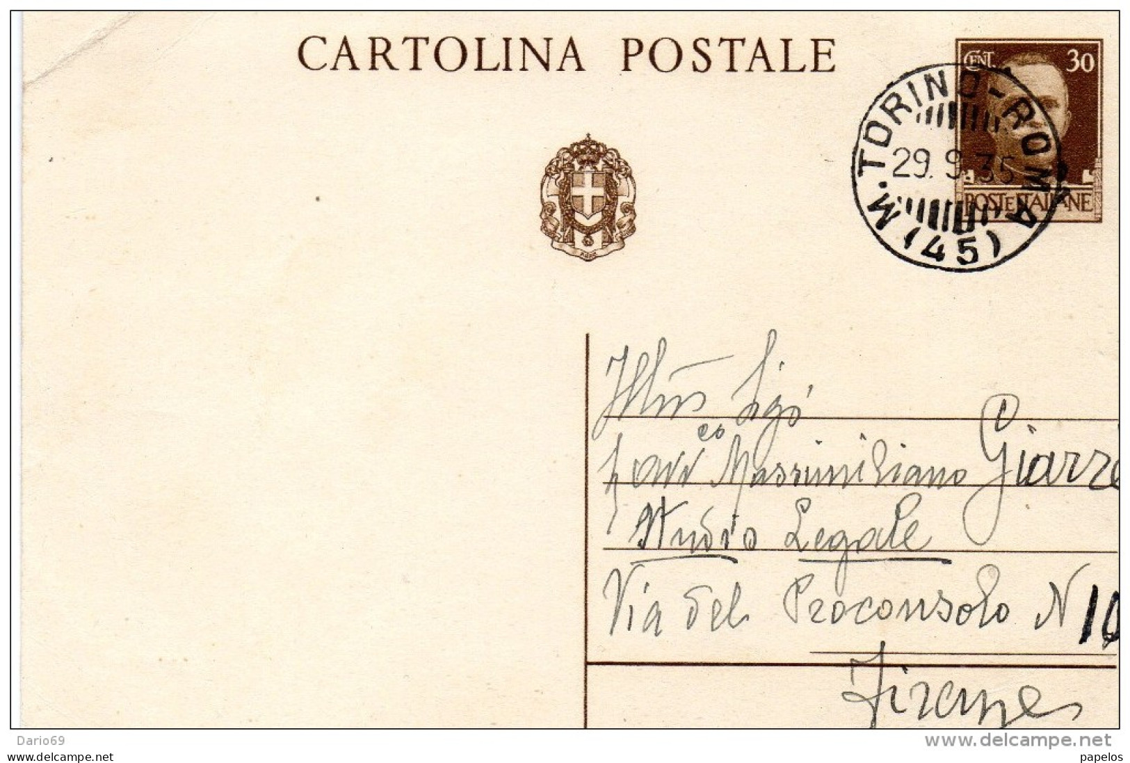 1935 CARTOLINA CON ANNULLO AMBULANTE TORINO - ROMA - Stamped Stationery