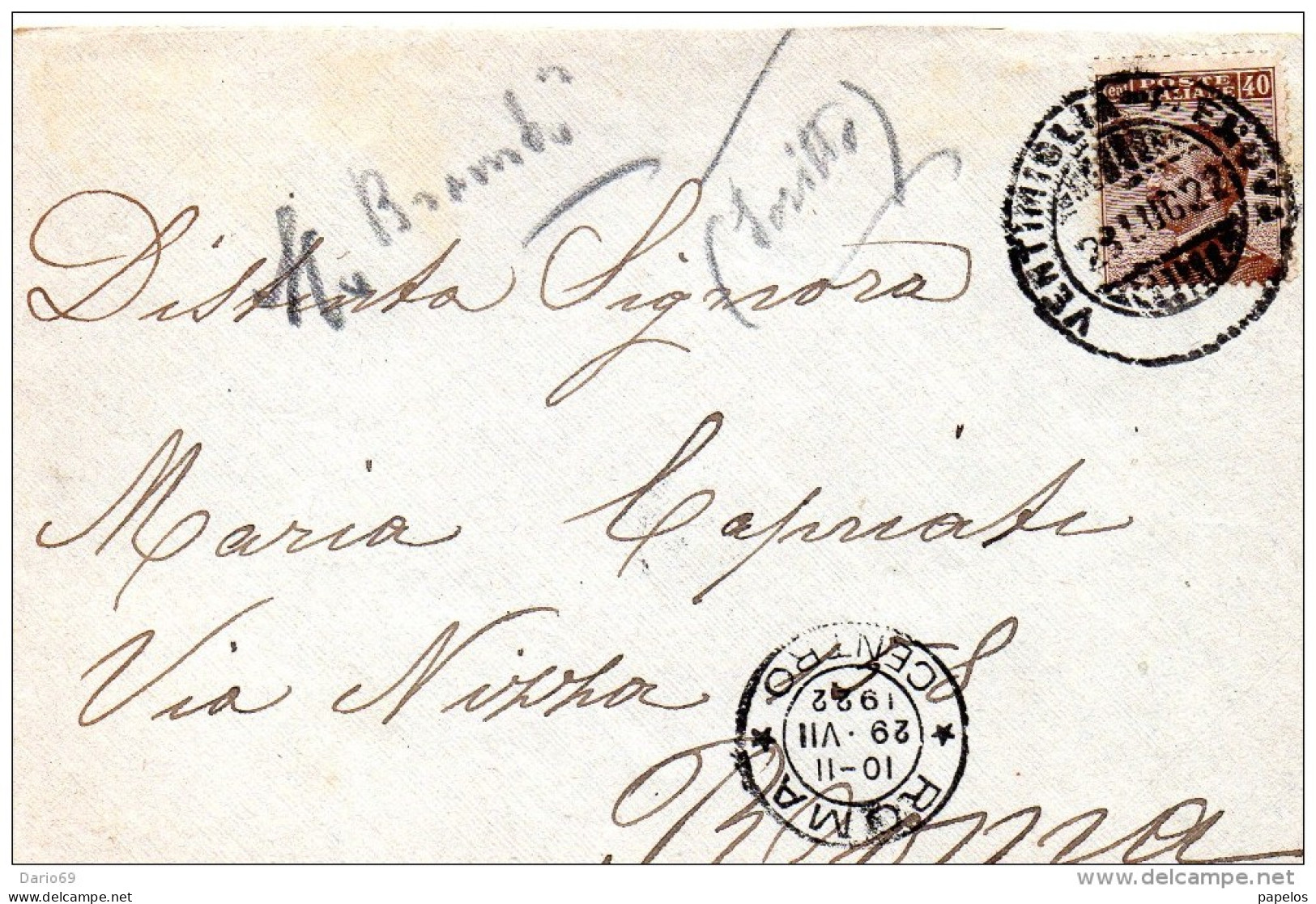 1922 LETTERA CON ANNULLO VENTIMIGLIA - GENOVA - Storia Postale
