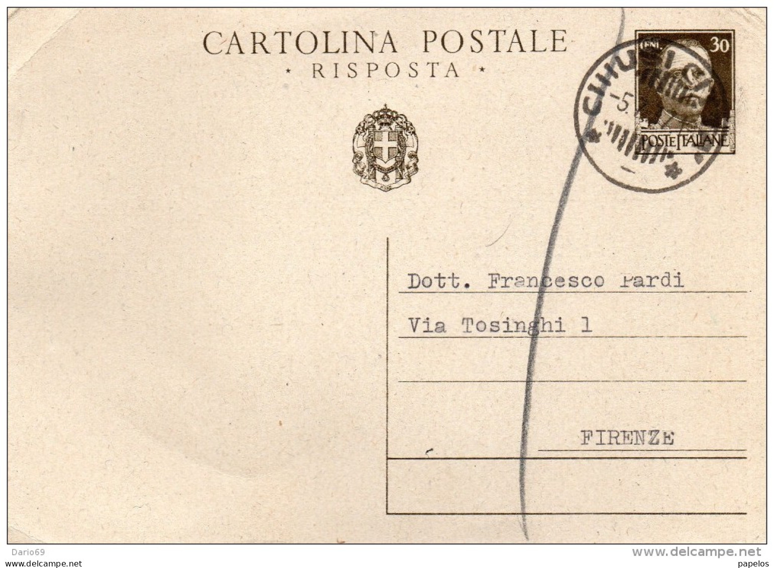 1937 CARTOLINA CON ANNULLO CHIUSI CITTÀ - Stamped Stationery