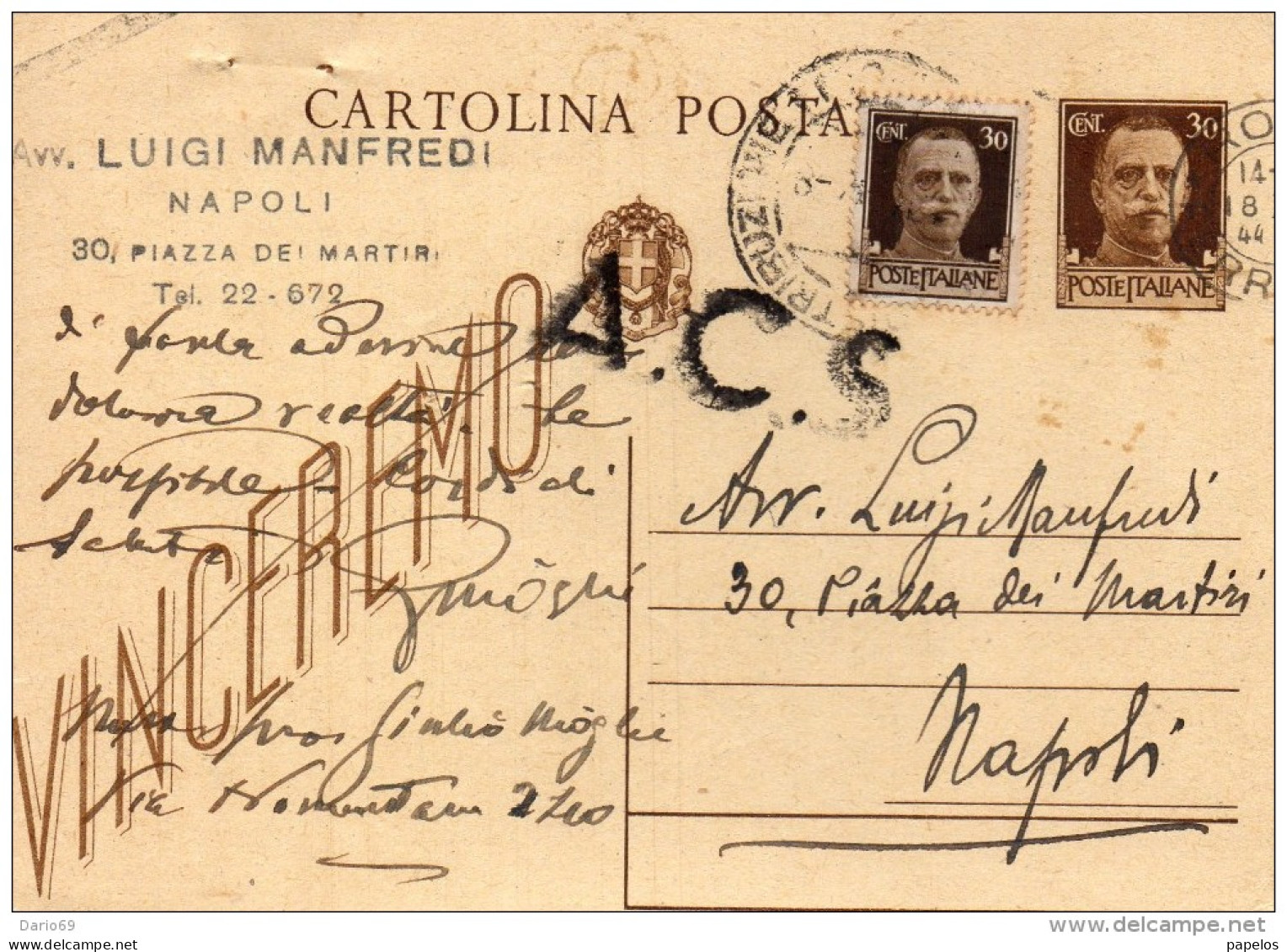 1944 CARTOLINA CON ANNULLO ROMA - Stamped Stationery