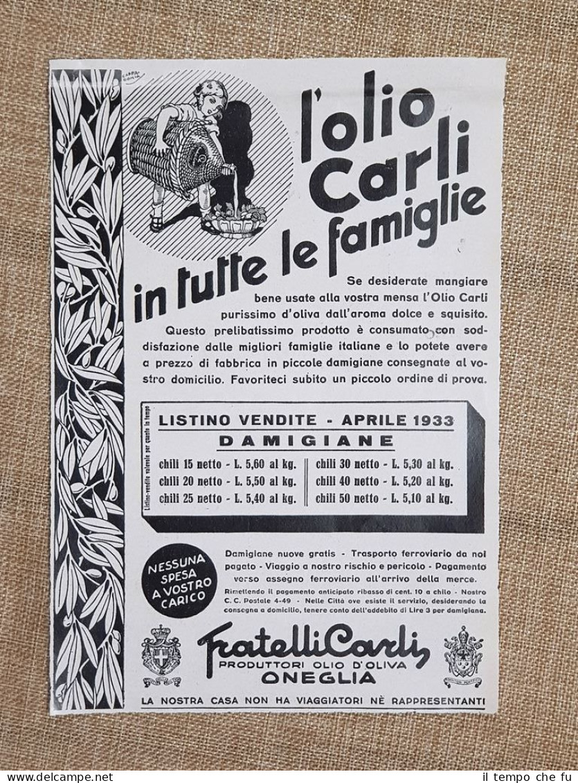 Olio Fratelli Carli Oneglia Pubblicità Del 1933 - Autres & Non Classés