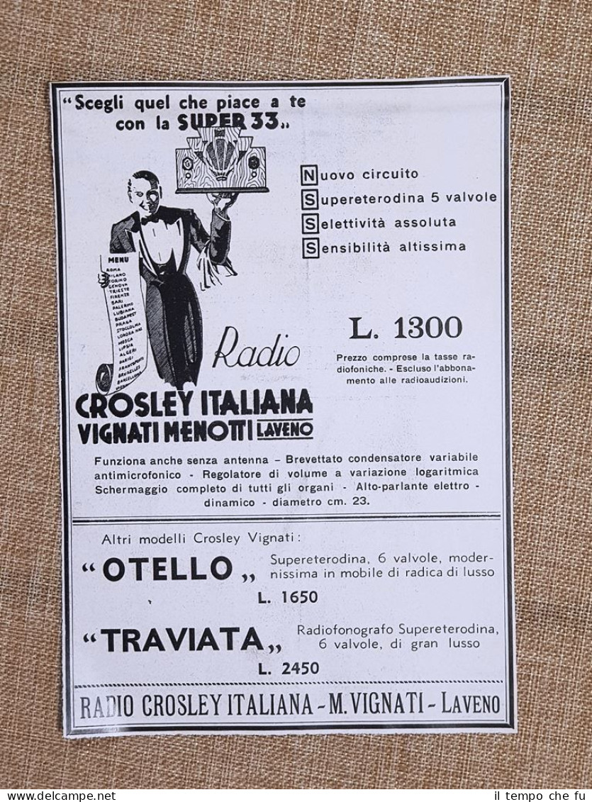 Radio Crosley Italiana M. Vignati Laveno Pubblicità Del 1933 - Altri & Non Classificati