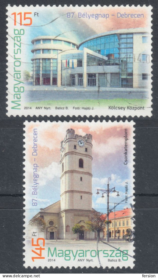 2014 Hungary - Philatelic Stamp Exhibition HUNFILA - Debrecen - Used - CLOCK CHURCH Cathedral FLAG Cultural Center - Usado